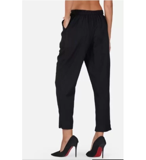 Women's Casual Cotton Flax Solid Adjustable Waist Trouser Pants (Black)
