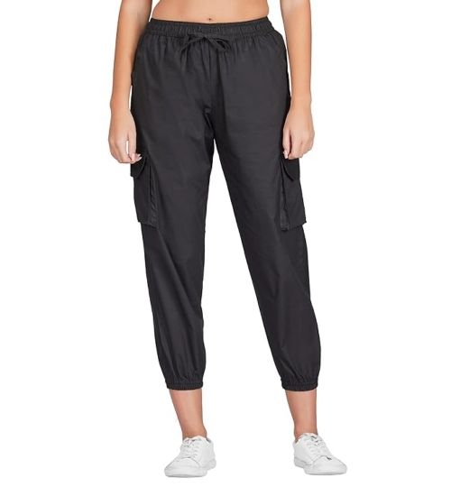 Women's Casual Cotton Solid Elastic with Drawstring Cargo Pants (Black)