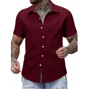 Generic Men's Casual Short Sleeve Striped Cotton Blended Shirt (Maroon)