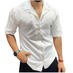 Generic Men's Casual Full Sleeve Strip Line Cotton Blended Shirt (White)