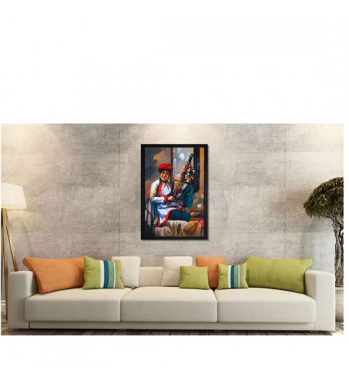 Rajasthani Village Modern Art Painting with Synthetic Photo Frame (Multicolor)