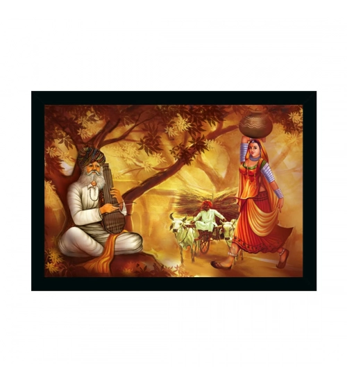 Rajasthani Village Modern Art Painting with Synthetic Photo Frame (Multicolor)