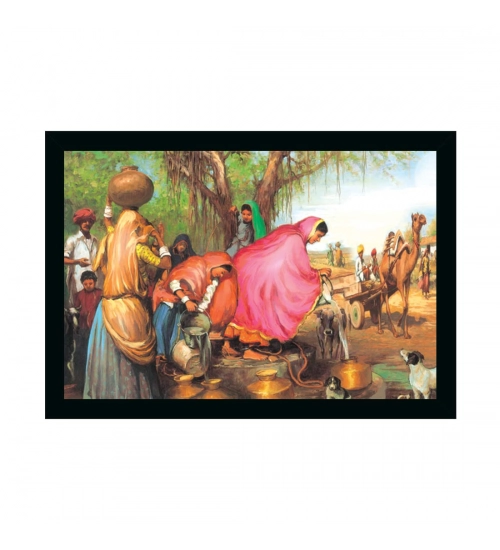 Rajasthani Village Modern Art Painting with Synthetic Photo Frame (Multicolor)