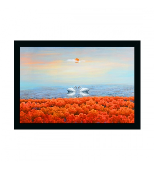 Swan Pair Painting with Synthetic Photo Frame (Multicolor)