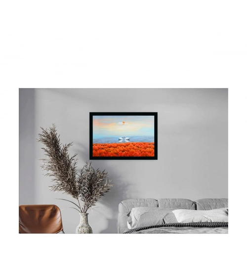 Swan Pair Painting with Synthetic Photo Frame (Multicolor)