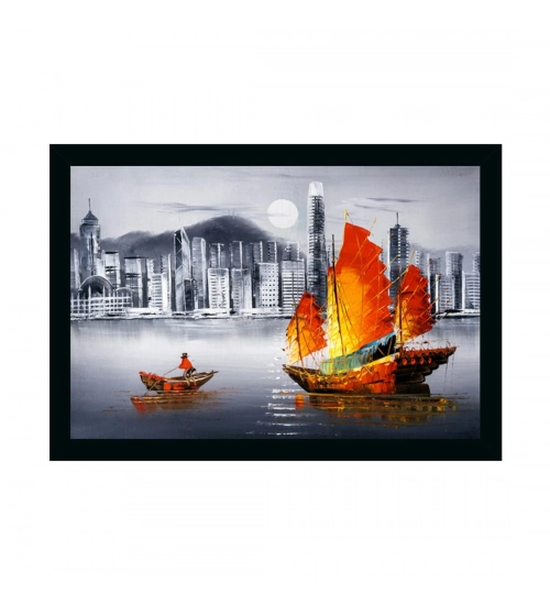 Boat Painting Painting with Synthetic Photo Frame (Multicolor)
