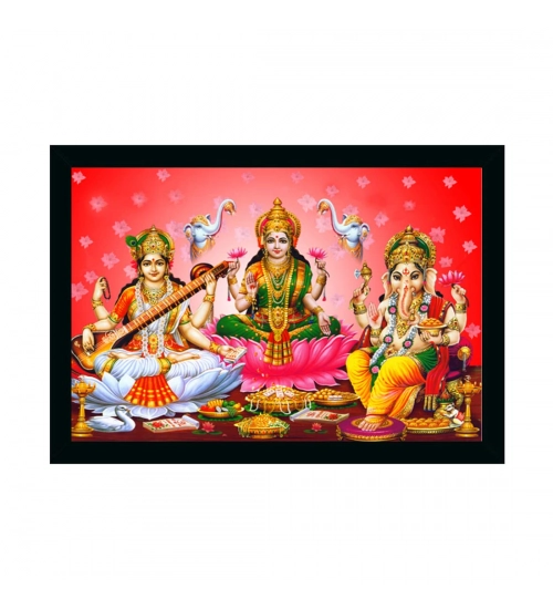 Laxmi Ganesh Saraswati Painting with Synthetic Photo Frame (Multicolor)