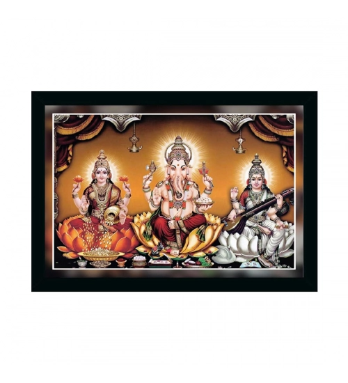 Laxmi Ganesh Saraswati Painting with Synthetic Photo Frame (Multicolor)