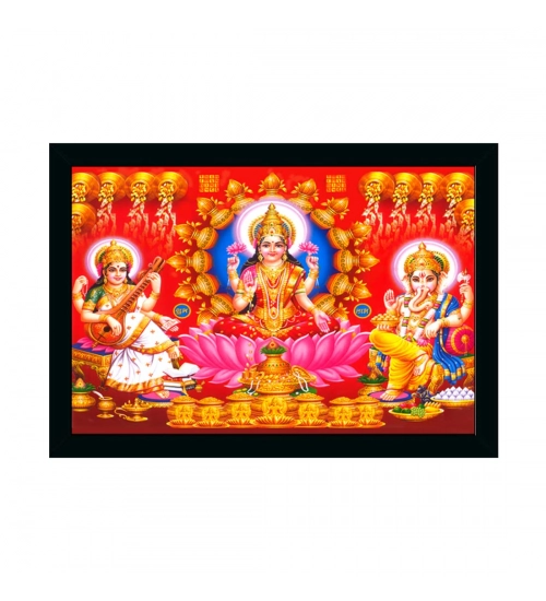 Laxmi Ganesh Saraswati Painting with Synthetic Photo Frame (Multicolor)