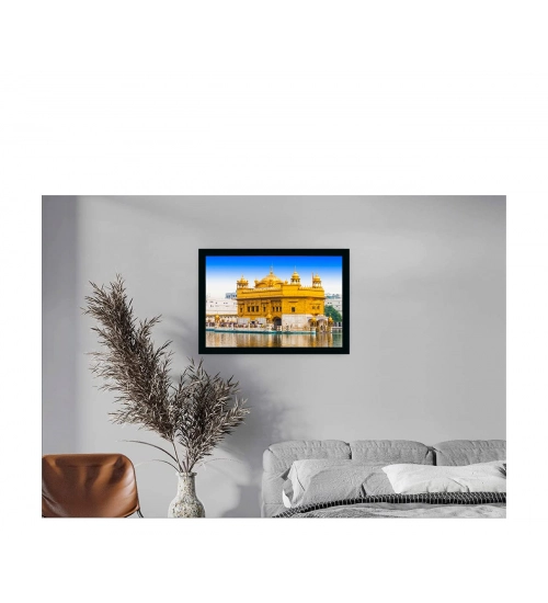 Golden Temple Painting with Synthetic Photo Frame (Multicolor)