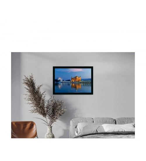 Golden Temple Painting with Synthetic Photo Frame (Multicolor)