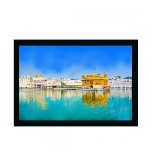 Golden Temple Painting with Synthetic Photo Frame (Multicolor)