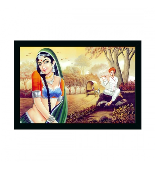 Rajasthani Village Modern Art Painting with Synthetic Photo Frame (Multicolor)