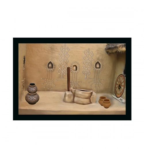 Rajasthani Village Modern Art Painting with Synthetic Photo Frame (Multicolor)