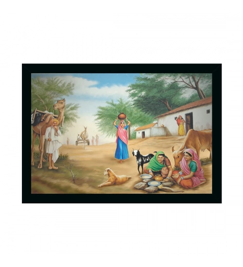 Rajasthani Village Modern Art Painting with Synthetic Photo Frame (Multicolor)