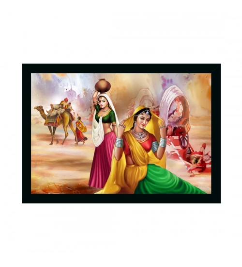 Rajasthani Village Modern Art Painting with Synthetic Photo Frame (Multicolor)