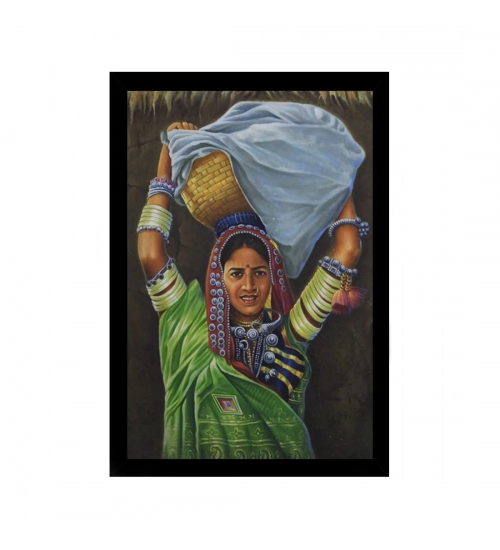 Lady Modern Art Painting with Synthetic Photo Frame (Multicolor)