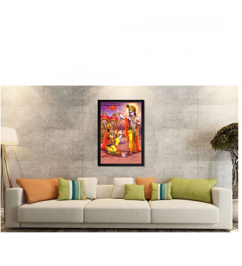 Krishna Arjun Mahabharat Rath Painting with Synthetic Photo Frame (Multicolor)