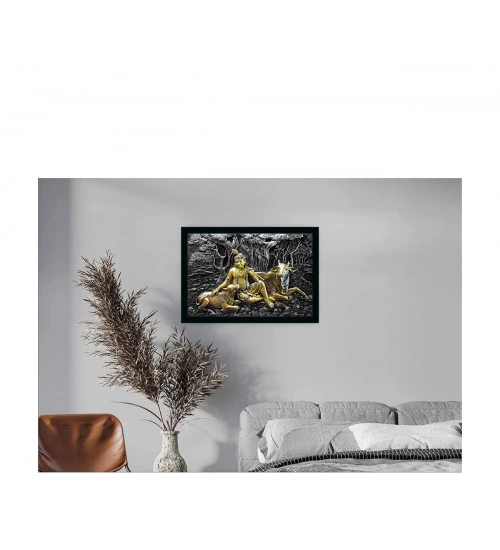 Krishna with Cow Painting with Synthetic Photo Frame (Multicolor)