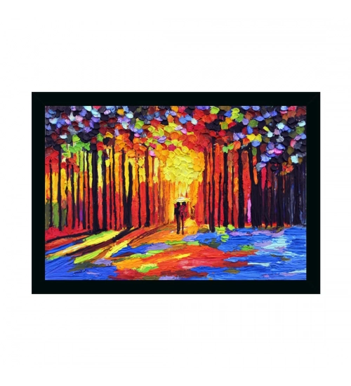Couple Walk In Forest Scenery Painting with Synthetic Photo Frame (Multicolor)