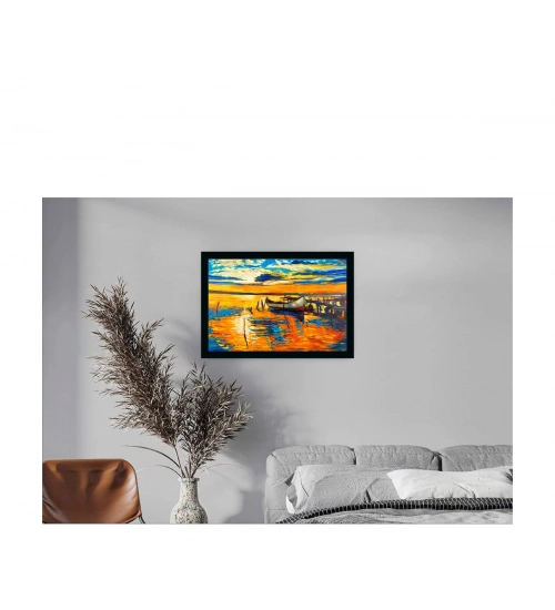 Boat Painting Painting with Synthetic Photo Frame (Multicolor)