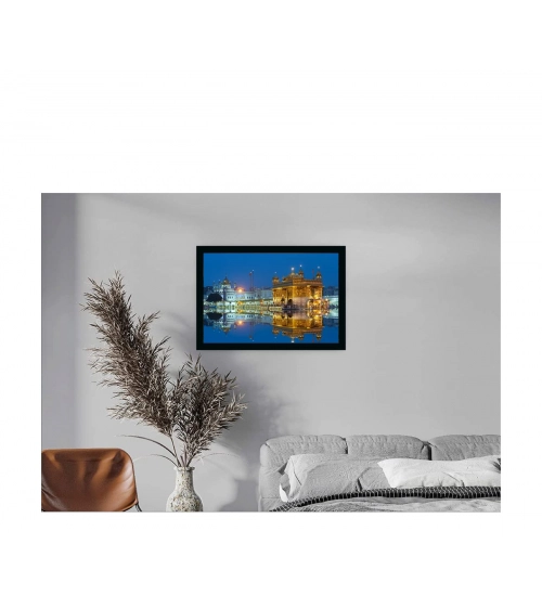 Golden Temple Painting with Synthetic Photo Frame (Multicolor)
