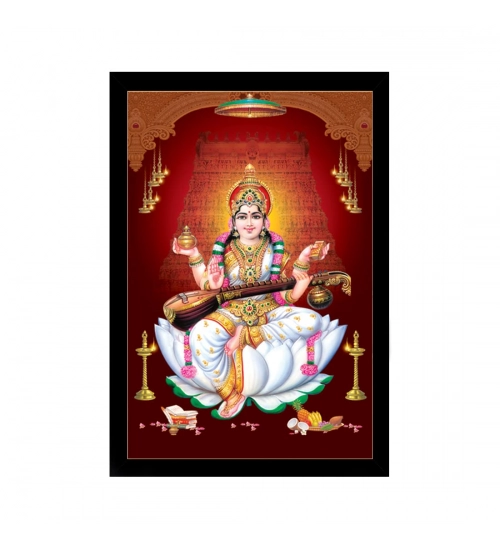 Saraswati Maa Painting with Synthetic Photo Frame (Multicolor)