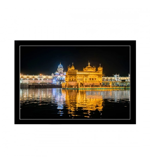 Golden Temple Painting with Synthetic Photo Frame (Multicolor)