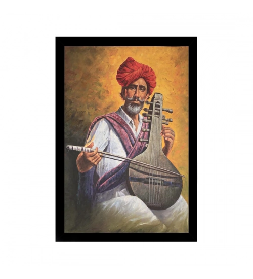 Rajasthani Village Modern Art Painting with Synthetic Photo Frame (Multicolor)