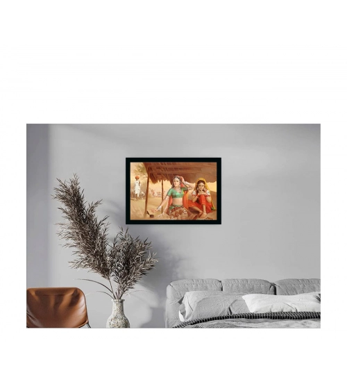 Rajasthani Village Modern Art Painting with Synthetic Photo Frame (Multicolor)