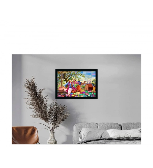 Rajasthani Village Modern Art Painting with Synthetic Photo Frame (Multicolor)