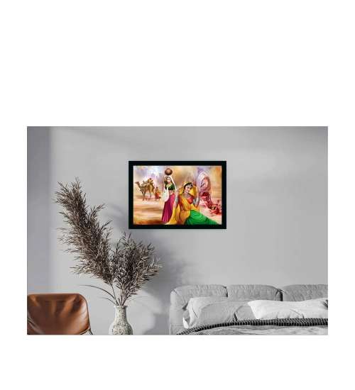 Rajasthani Village Modern Art Painting with Synthetic Photo Frame (Multicolor)