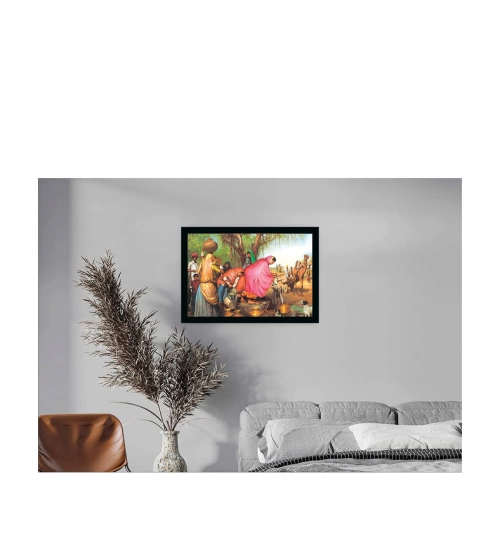 Rajasthani Village Modern Art Painting with Synthetic Photo Frame (Multicolor)