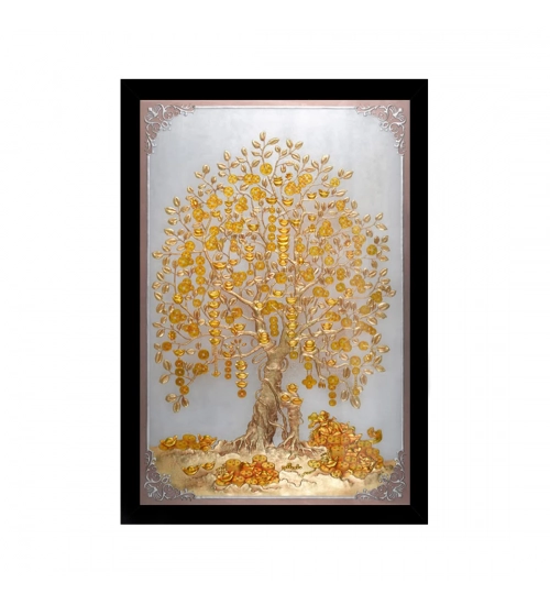 Tree Modern Art Painting with Synthetic Photo Frame (Multicolor)