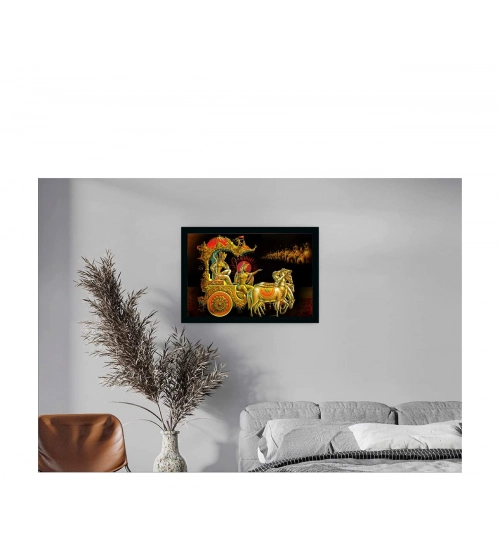 Krishna Arjun Mahabharat Rath Painting with Synthetic Photo Frame (Multicolor)