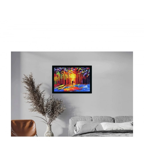 Couple Walk In Forest Scenery Painting with Synthetic Photo Frame (Multicolor)