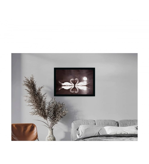 Swan Pair Painting with Synthetic Photo Frame (Multicolor)