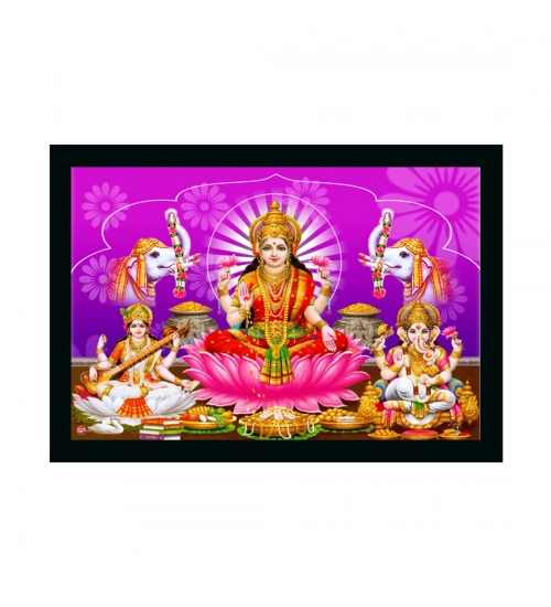 Laxmi Ganesh Saraswati Painting with Synthetic Photo Frame (Multicolor)