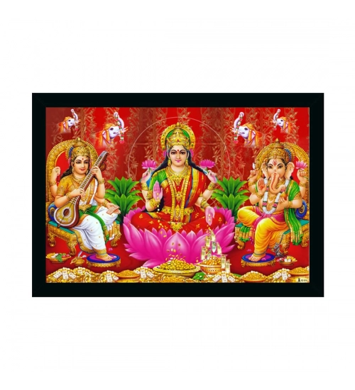 Laxmi Ganesh Saraswati Painting with Synthetic Photo Frame (Multicolor)
