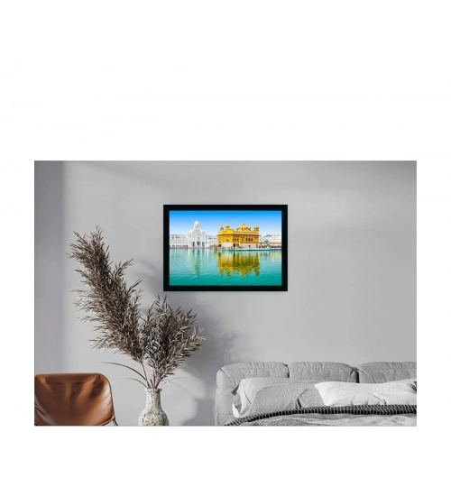 Golden Temple Painting with Synthetic Photo Frame (Multicolor)