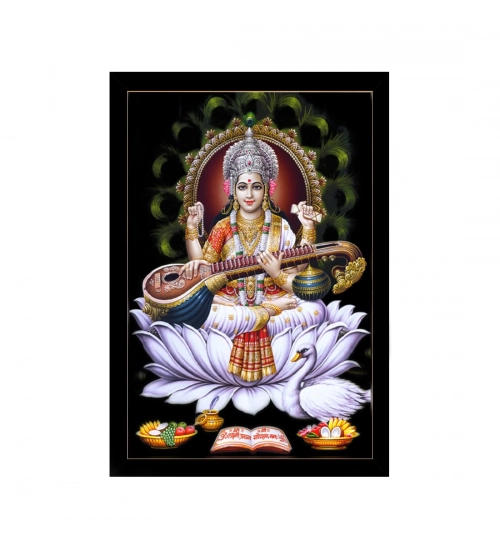 Saraswati Maa Painting with Synthetic Photo Frame (Multicolor)