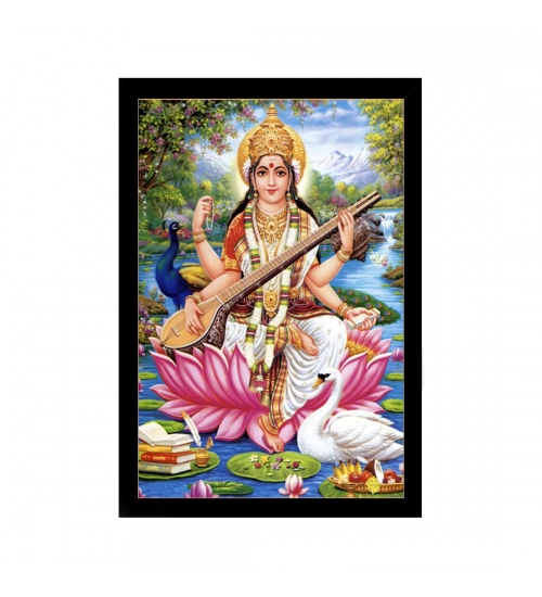 Saraswati Maa Painting with Synthetic Photo Frame (Multicolor)