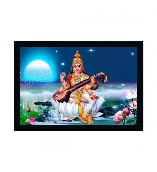 Saraswati Maa Painting with Synthetic Photo Frame (Multicolor)