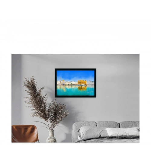 Golden Temple Painting with Synthetic Photo Frame (Multicolor)