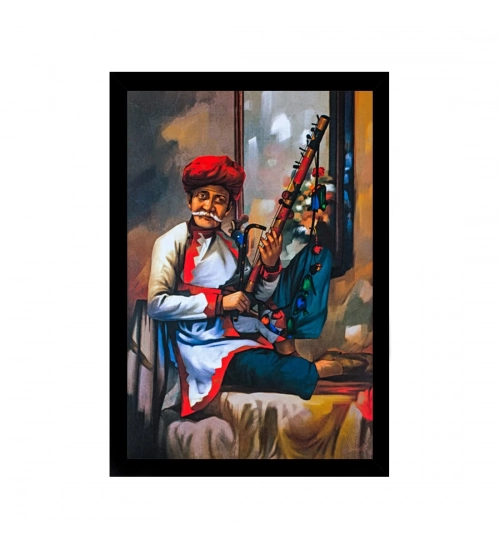 Rajasthani Village Modern Art Painting with Synthetic Photo Frame (Multicolor)