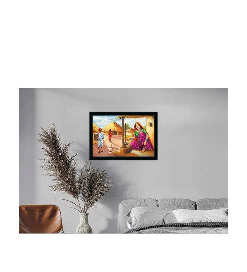 Rajasthani Village Modern Art Painting with Synthetic Photo Frame (Multicolor) Rajasthani Village Modern Art Painting with Synthetic Photo Frame (Multicolor)