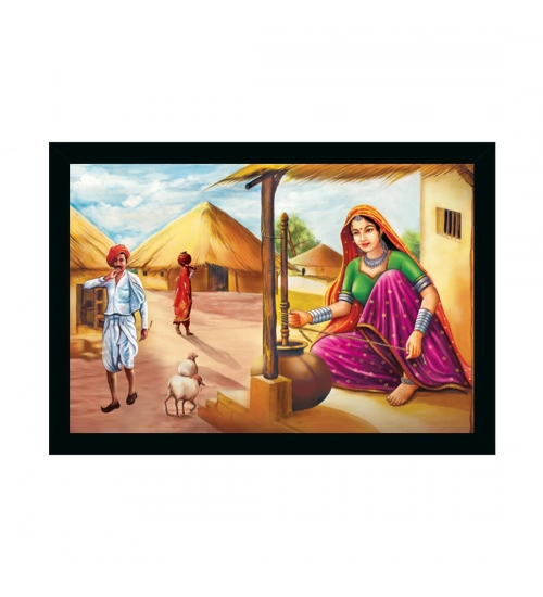 Rajasthani Village Modern Art Painting with Synthetic Photo Frame (Multicolor)