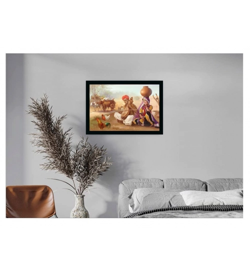 Rajasthani Village Modern Art Painting with Synthetic Photo Frame (Multicolor) Rajasthani Village Modern Art Painting with Synthetic Photo Frame (Multicolor)
