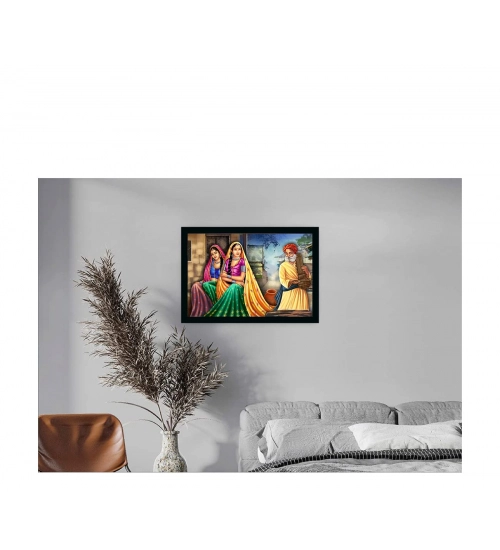 Rajasthani Village Modern Art Painting with Synthetic Photo Frame (Multicolor)