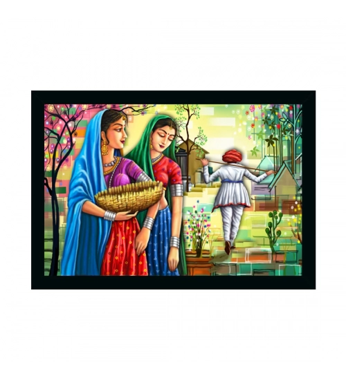 Rajasthani Village Modern Art Painting with Synthetic Photo Frame (Multicolor)